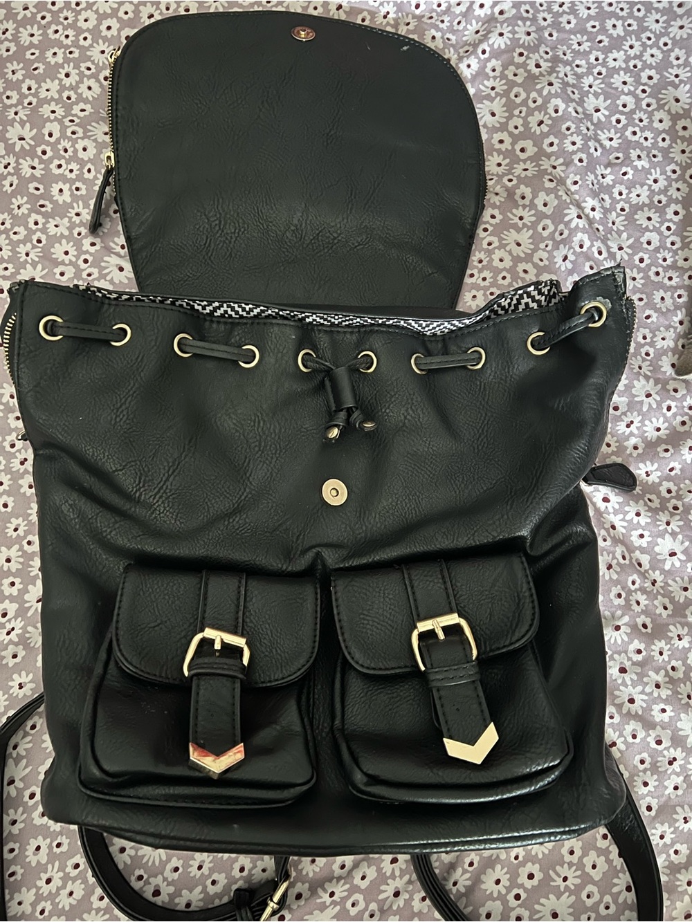 Classic Black Leather Drawstring Backpack with Front Buckle Pockets